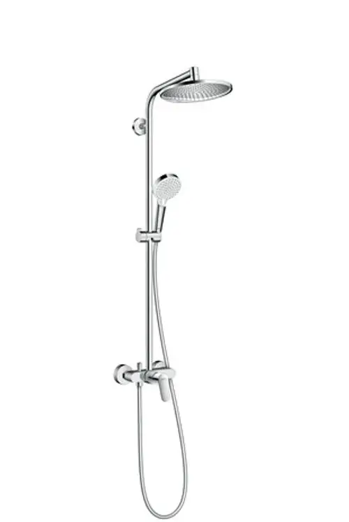 Ein elegantes Duschsystem mit Kopfbrause und Handbrause in Chrom-Optik, ausgestattet mit einem thermostatischen Mischbatterie und verstellbarer Höhe.